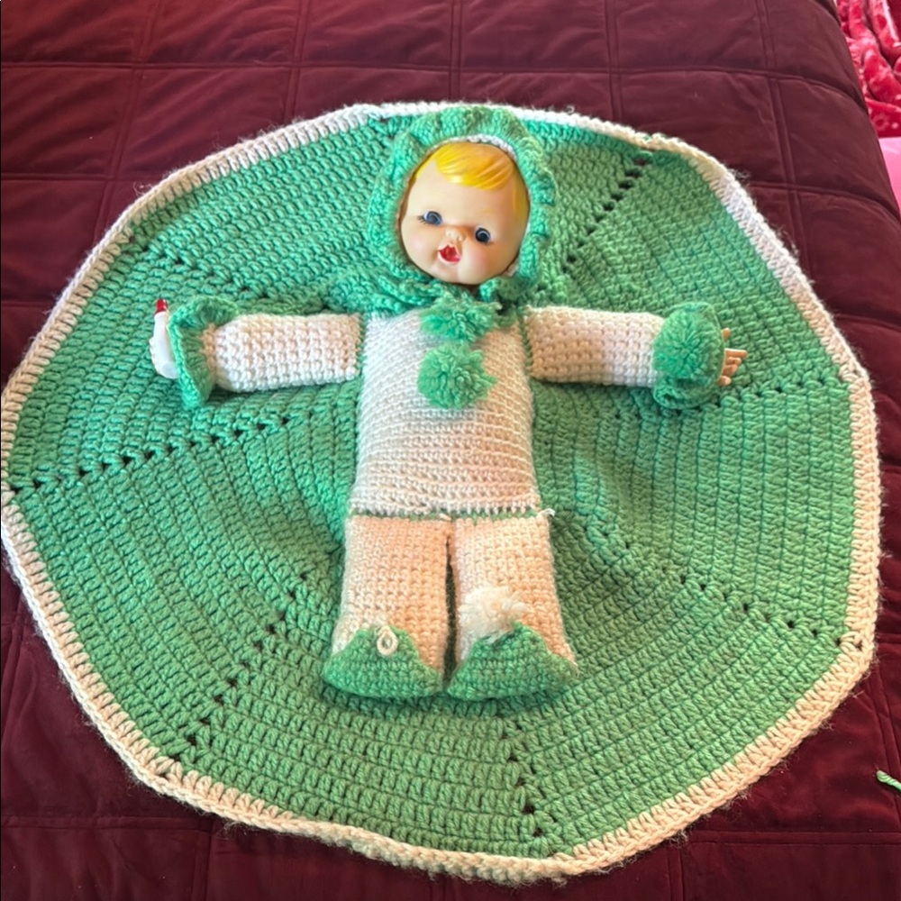 Green and White Crochet Doll Set